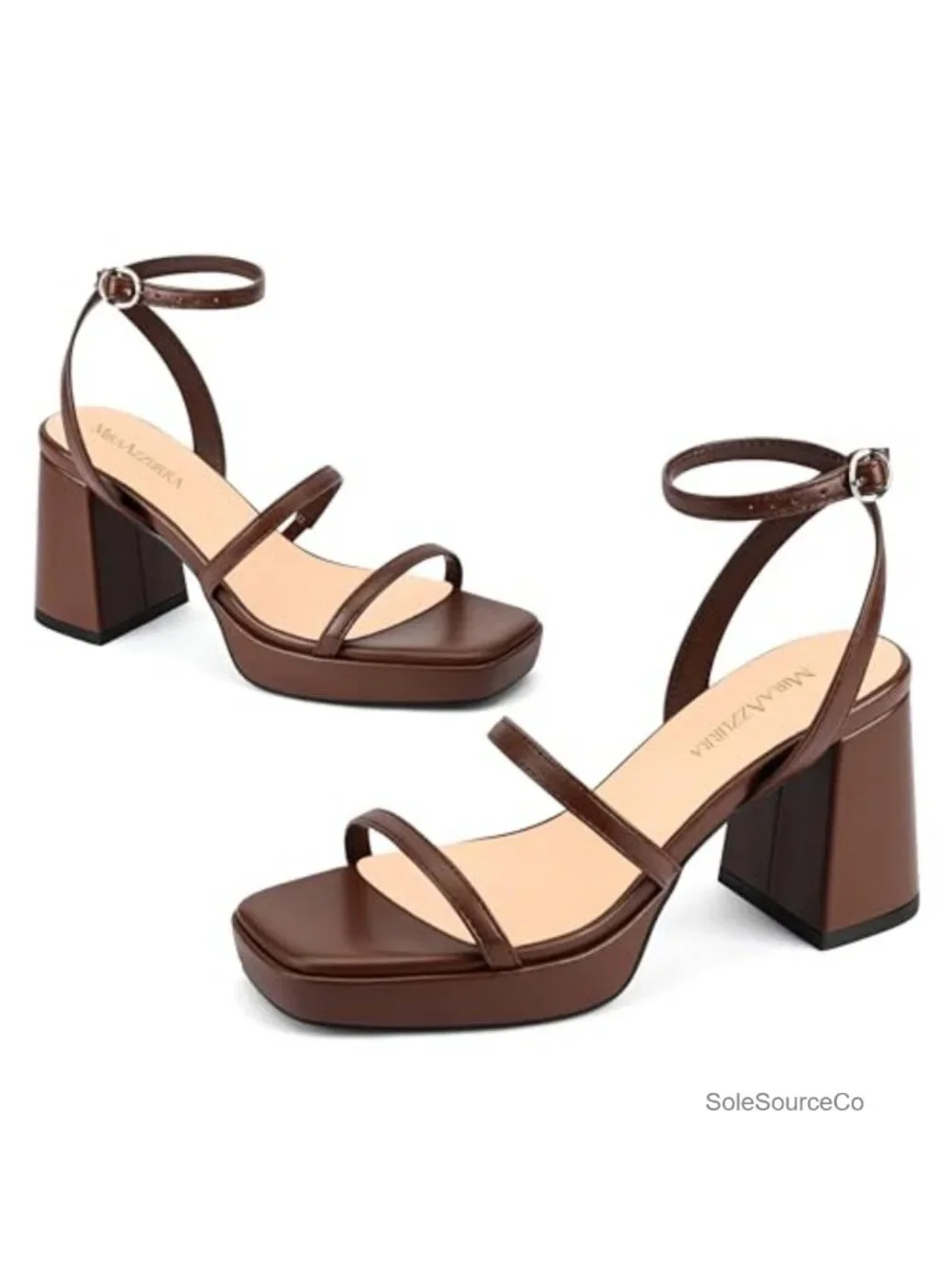 Women's Platform Heeled Sandals 3 Inch Chunky Block Heel Square Toe Ankle Strap